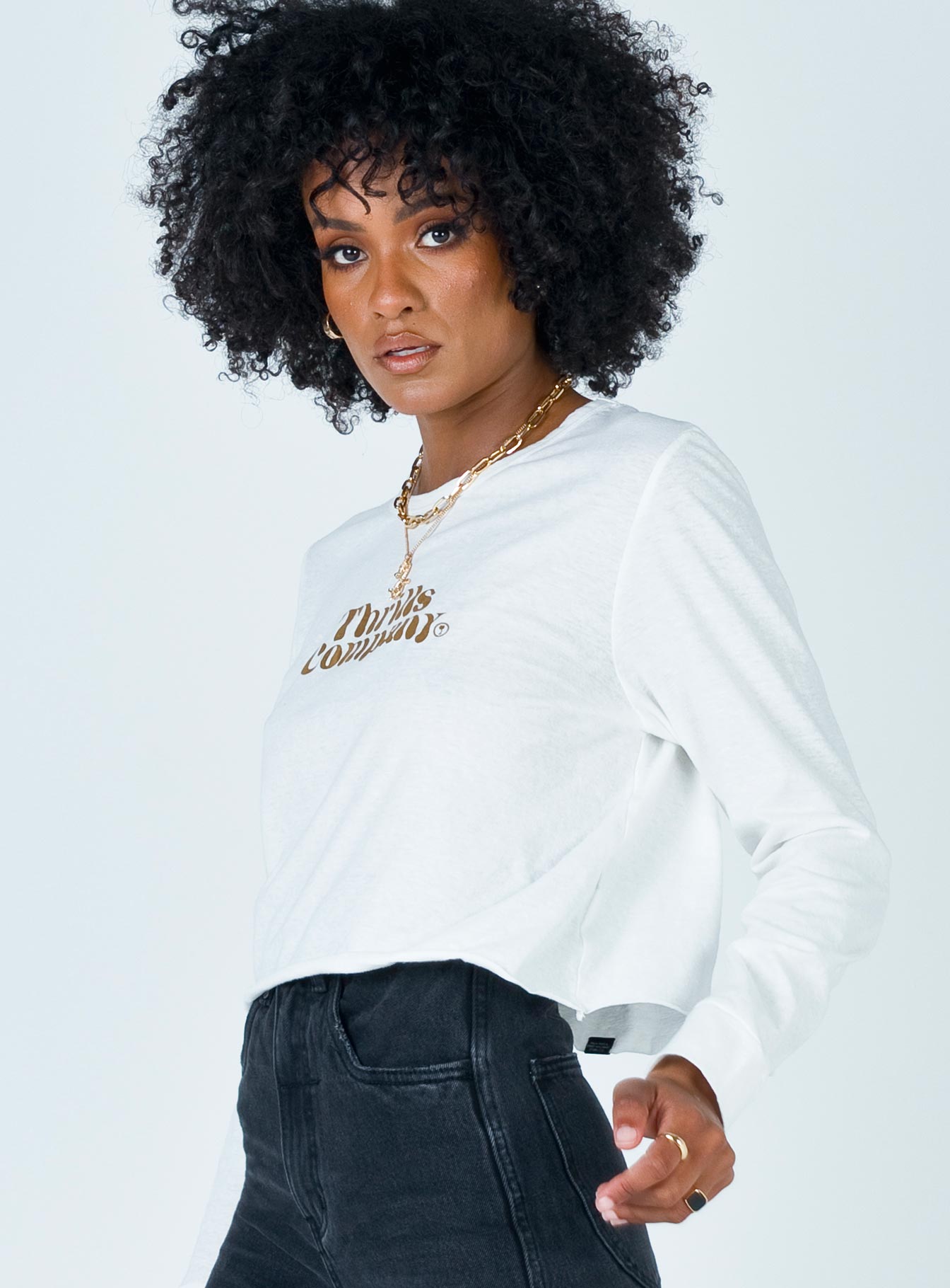 side view of model wearing Princess Polly Truckin' Crew Dirty White 