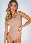 front view of model wearing Princess Polly Cartia Bodysuit Beige Sleeveless Scoop Neck 