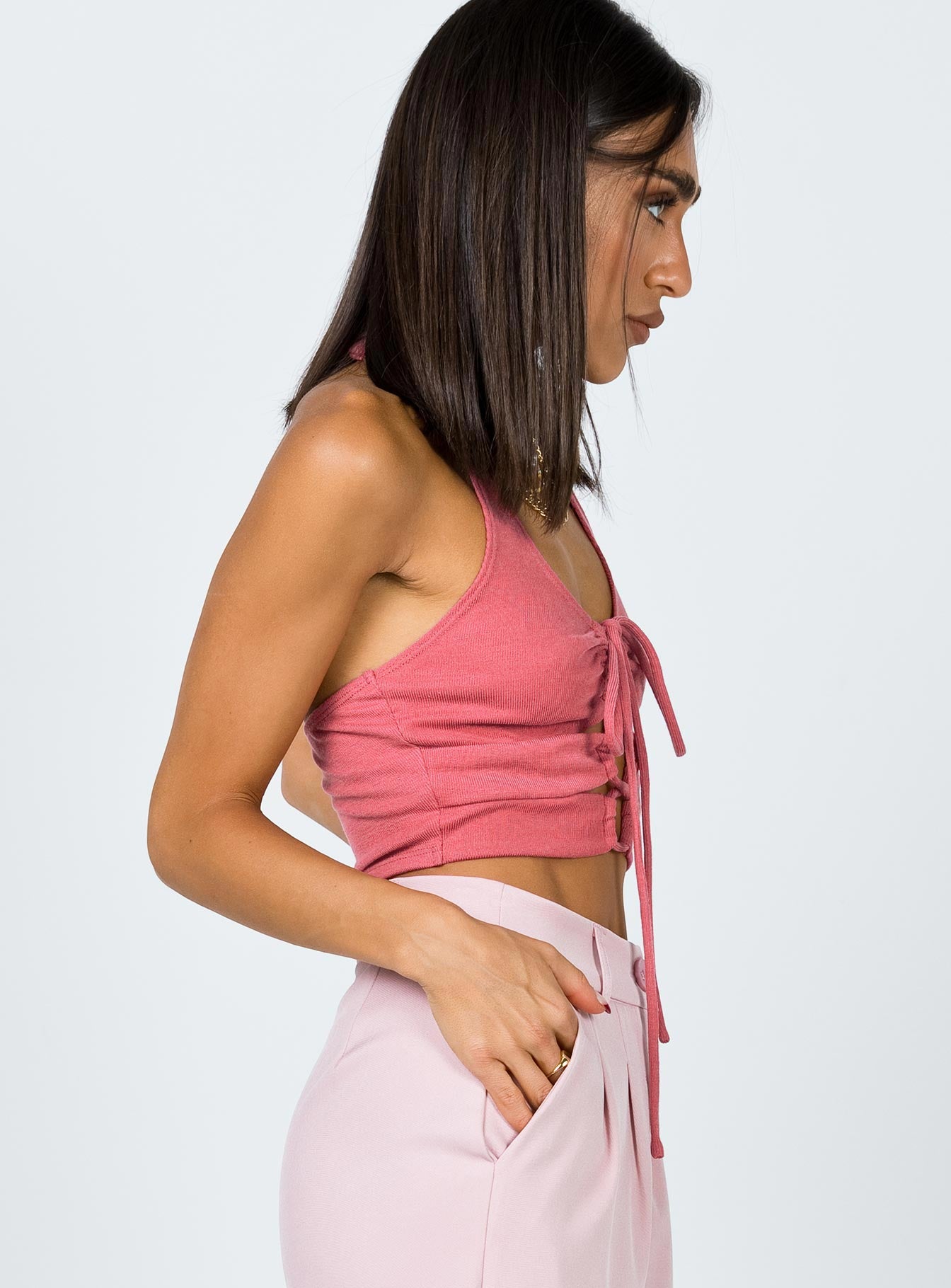 side view of model wearing Princess Polly Raddix Top Pink 