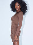 side view of model wearing Princess Polly Roxie Mini Dress Brown 