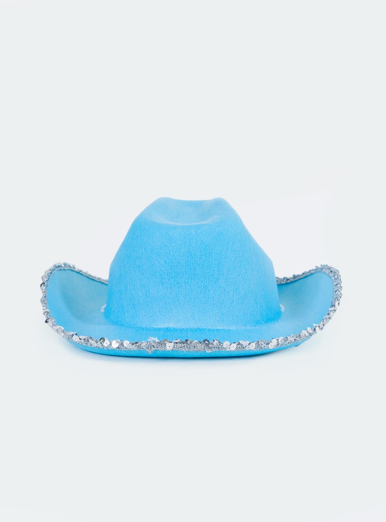 Blue cowgirl hat Faux felt material Silver toned tiara embellishment Sequin rim  Adjustable chin tie Wide stiff brim Creased crown 