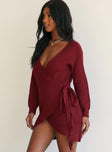 side view of model wearing Princess Polly Phenix Mini Dress Burgundy 