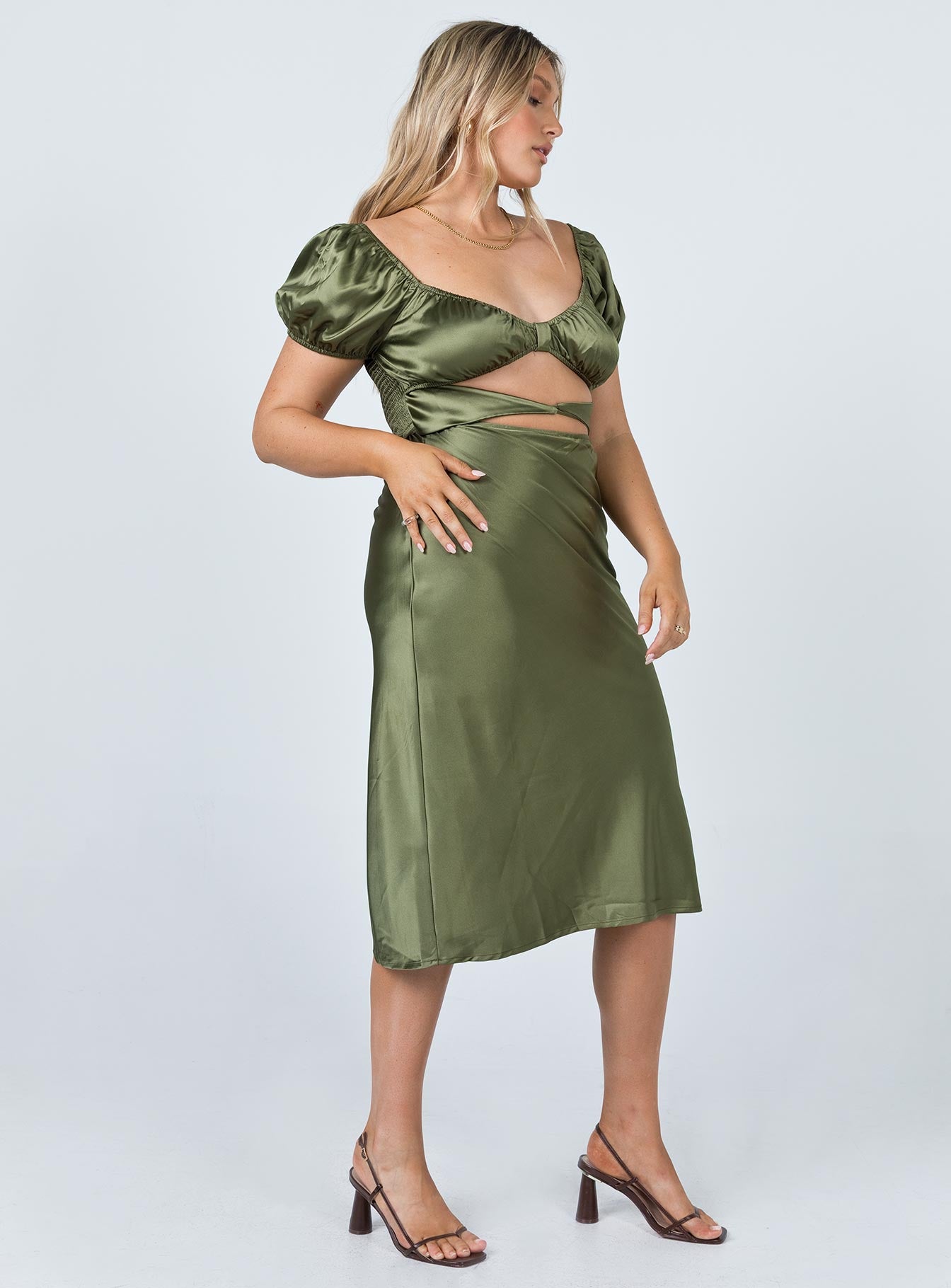 front view of model wearing Princess Polly Nakita Midi Dress Khaki 