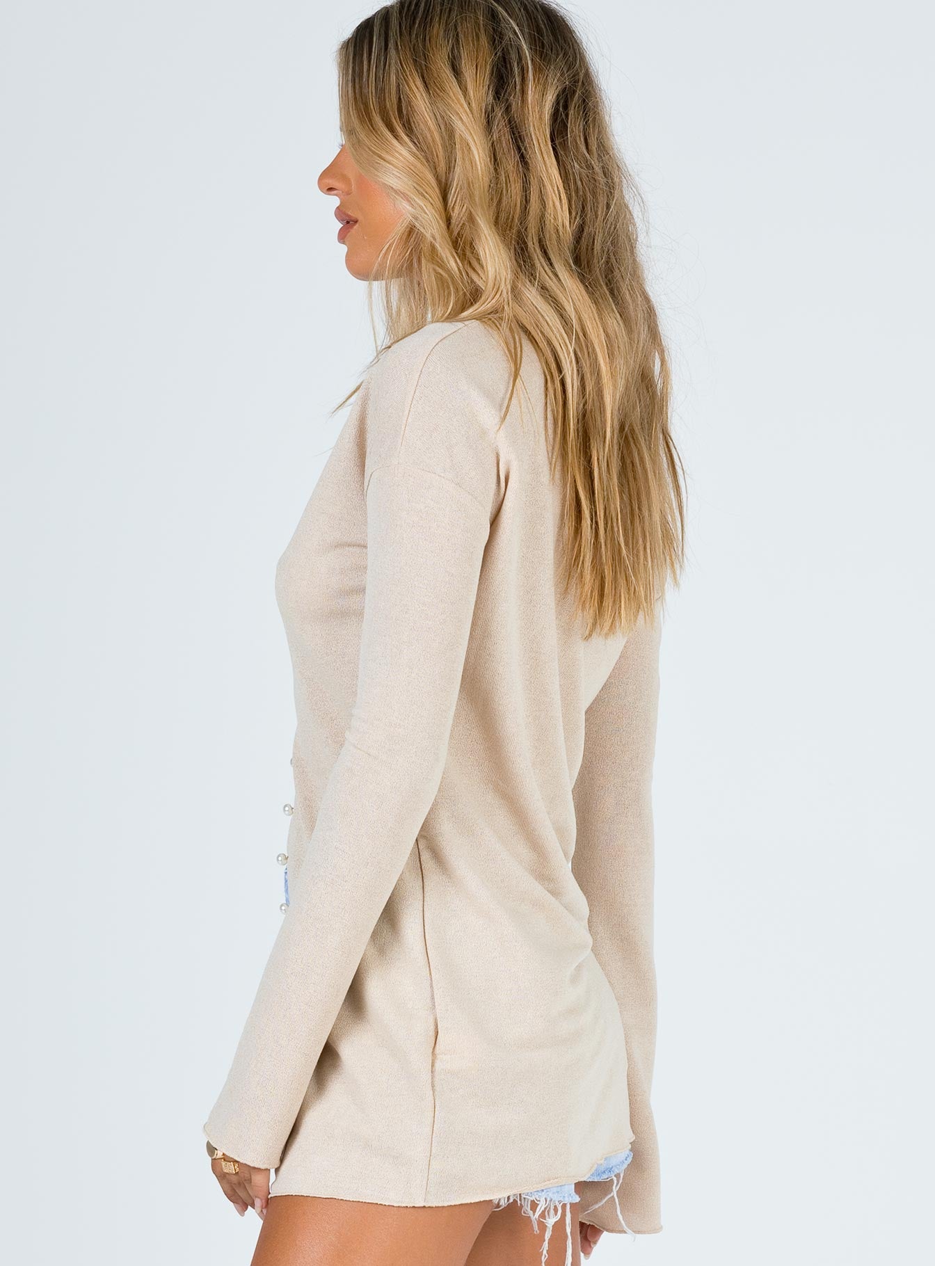 Front view of model wearing  front Macy Cardigan Beige Princess Polly  Long 