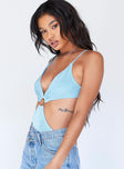 side view of model wearing Princess Polly Adelaide Bodysuit Blue Sleeveless Plunger 