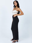   side view of model wearing Princess Polly Harriette Maxi Skirt Black 