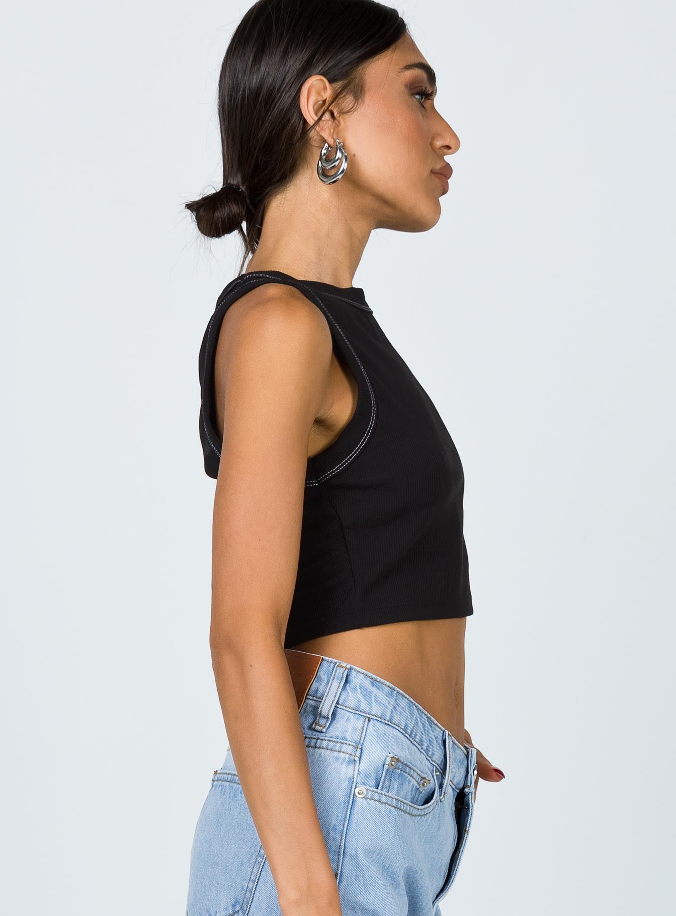 side view of model wearing Princess Polly Neisha Top Black 