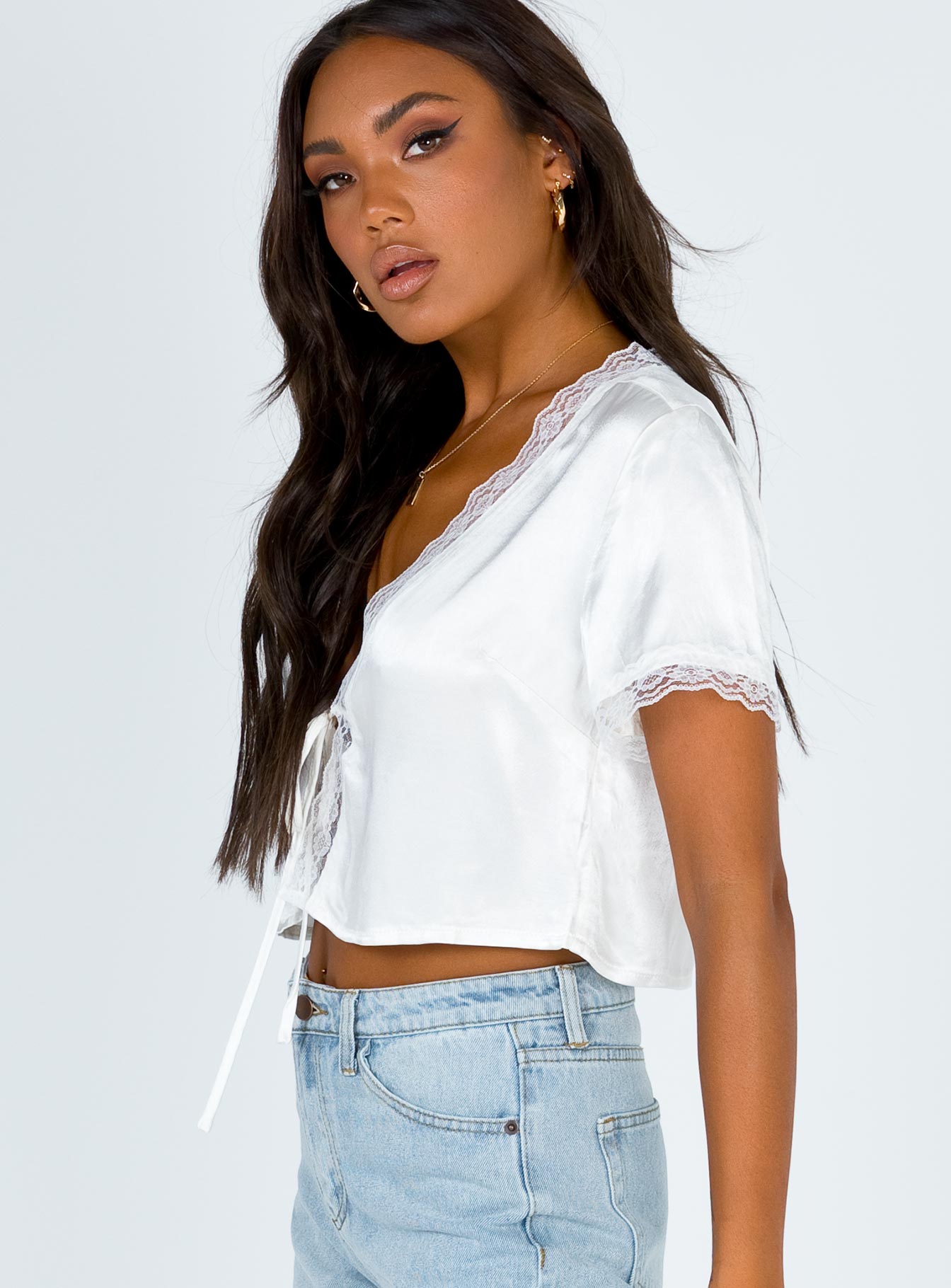 product Princess Polly Short Sleeves V-Neck  Vintage Tie Up Top White