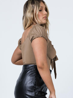 side view of model wearing Princess Polly Medina Bodysuit Brown Short Sleeves Plunger 