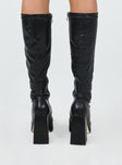 Knee-high boots Faux leather material Square toe Platform base Block heel Zip fastening at side Padded footbed