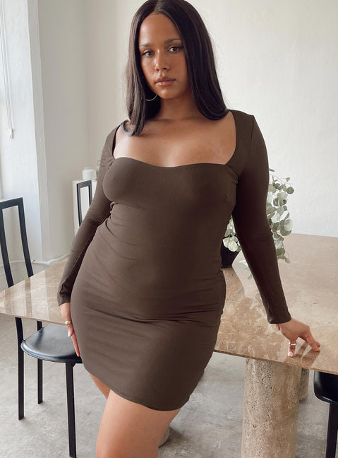 front view of model wearing Princess Polly Nolan Mini Dress Brown Curve 