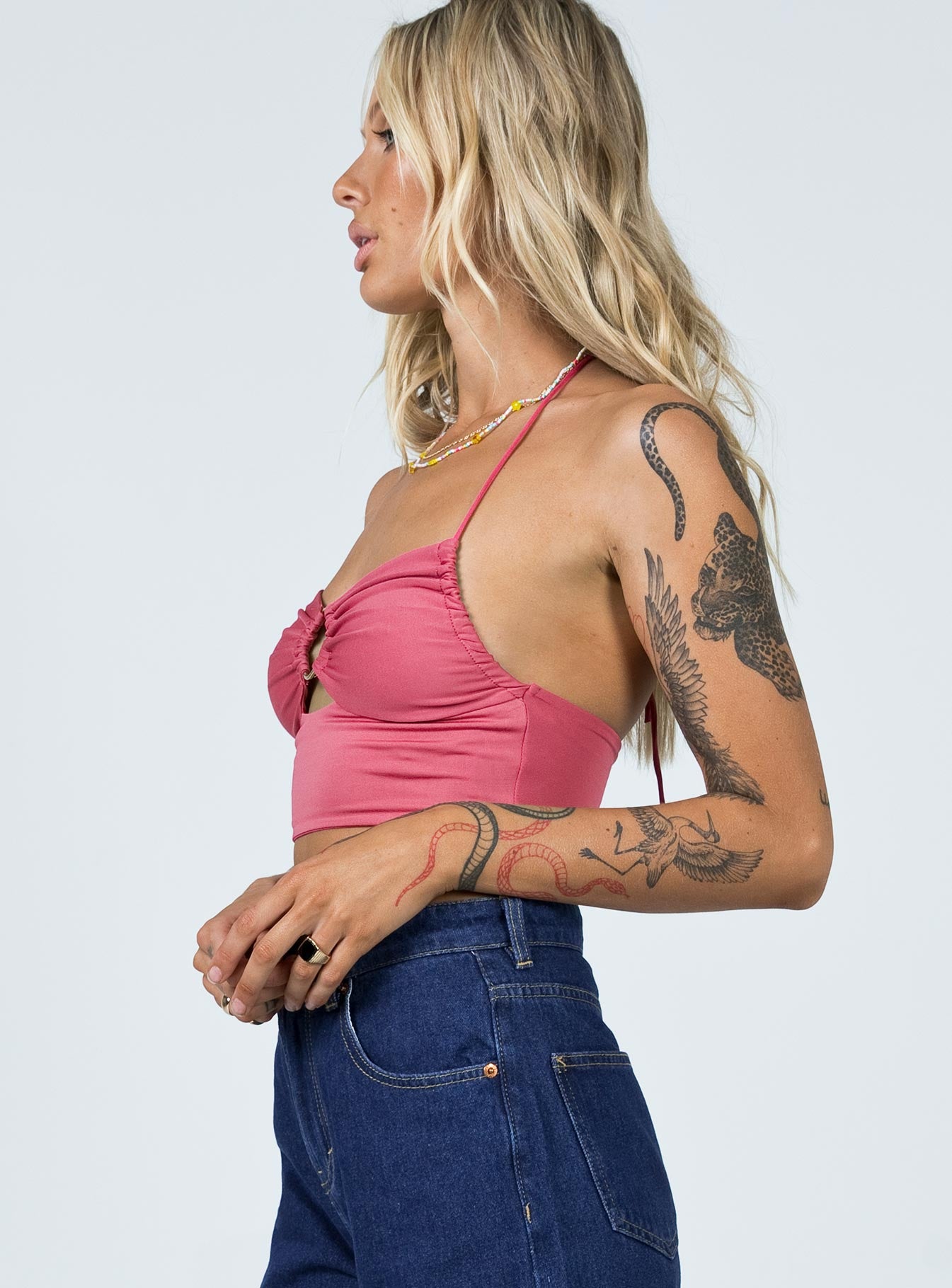 side view of model wearing Princess Polly Solange Top Pink 