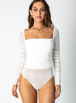 front view of model wearing Princess Polly Delany Bodysuit White Full Sleeves Square Neck 