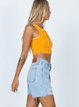 Front view of model wearing  front Maggie Denim Shorts Denim Princess Polly High Waisted Shorts 