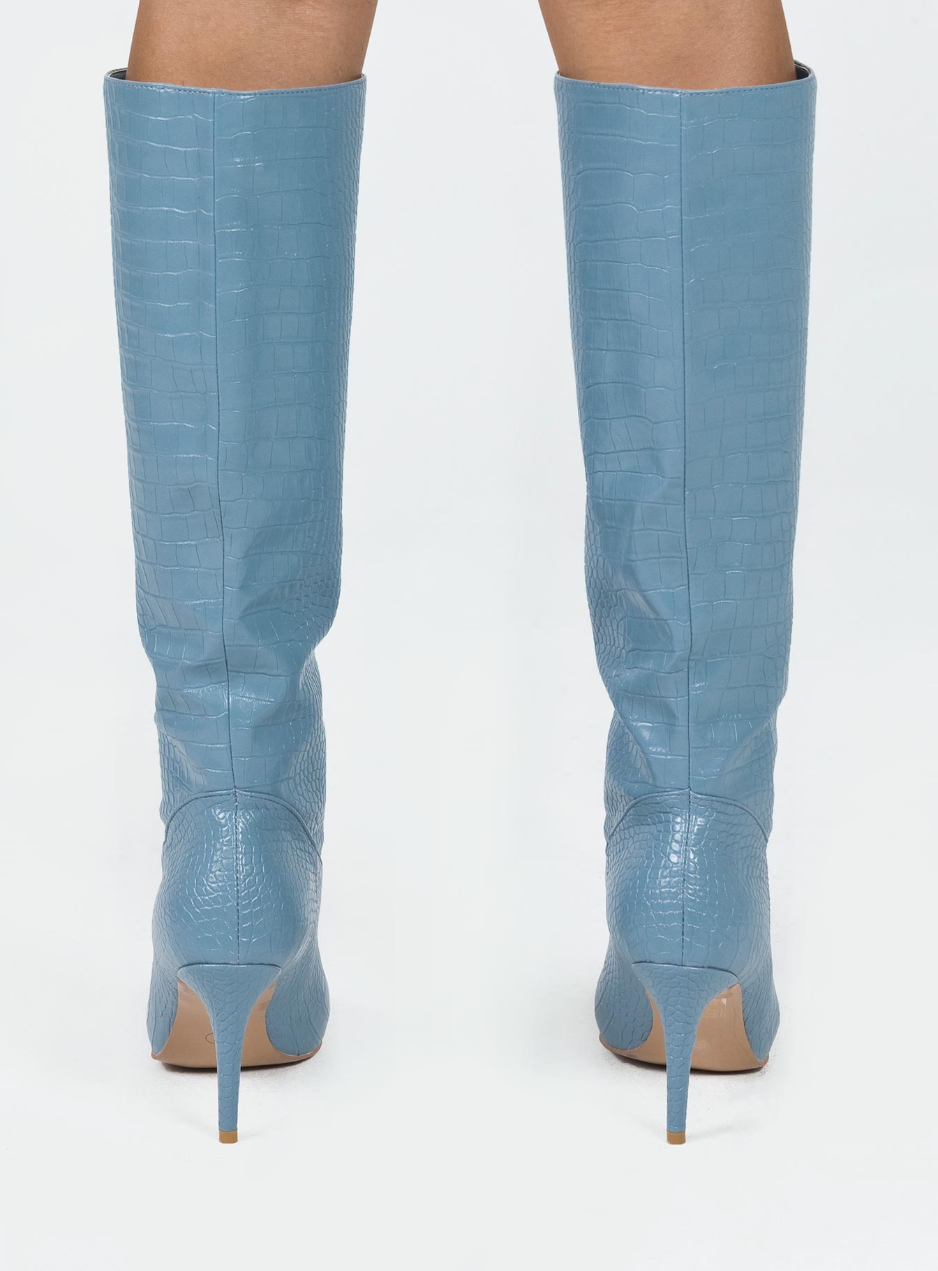 Knee high boots Faux croc leather Slip on design Pointed toe Stilleto heel Padded footbed