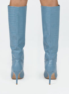 Knee high boots Faux croc leather Slip on design Pointed toe Stilleto heel Padded footbed