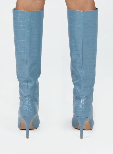 Knee high boots Faux croc leather Slip on design Pointed toe Stilleto heel Padded footbed