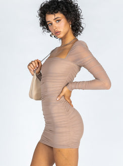 side view of model wearing Princess Polly Charvi Long Sleeve Mini Dress Beige Square Neck 