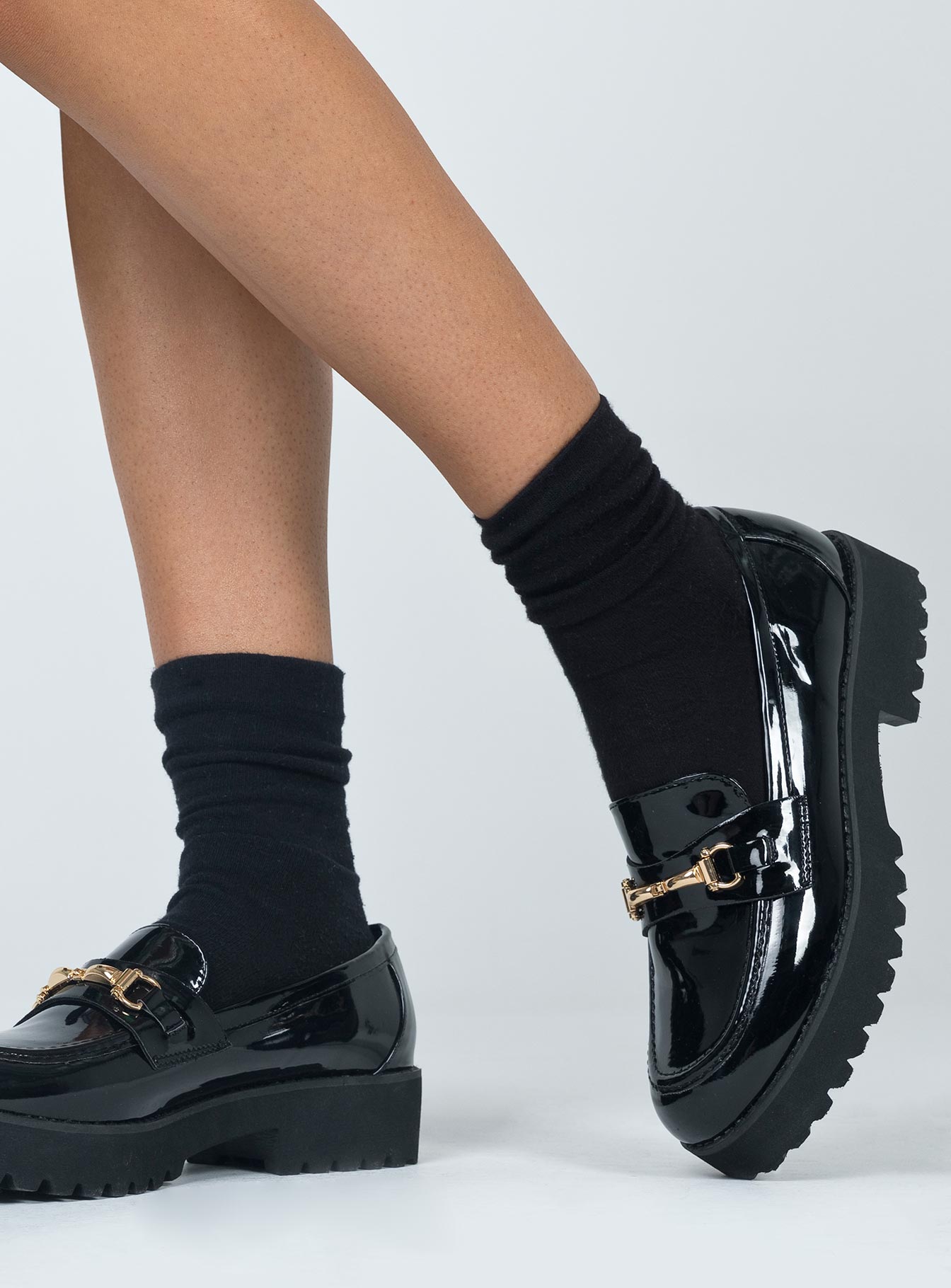 Loafers Man-made upper, lining & sole Faux patent leather Gold-toned snaffle detail Platform base  Treaded sole 