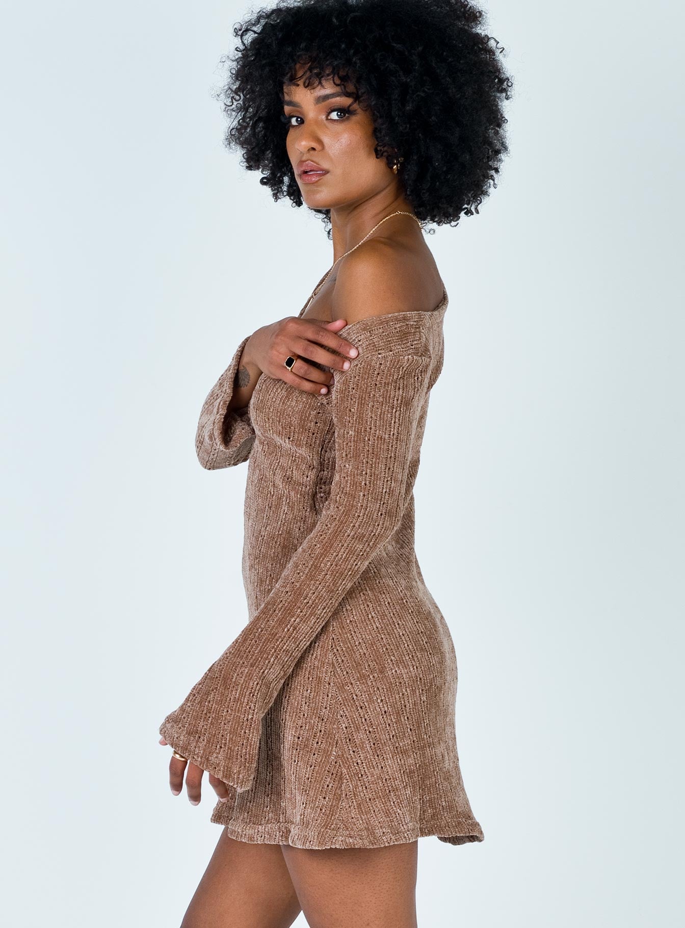 side view of model wearing Princess Polly Boho Babe Mini Dress Mocha 
