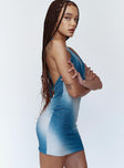 side view of model wearing Princess Polly Alessa Mini Dress Blue / White 