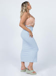   side view of model wearing Princess Polly Roselle Midi Skirt Blue 