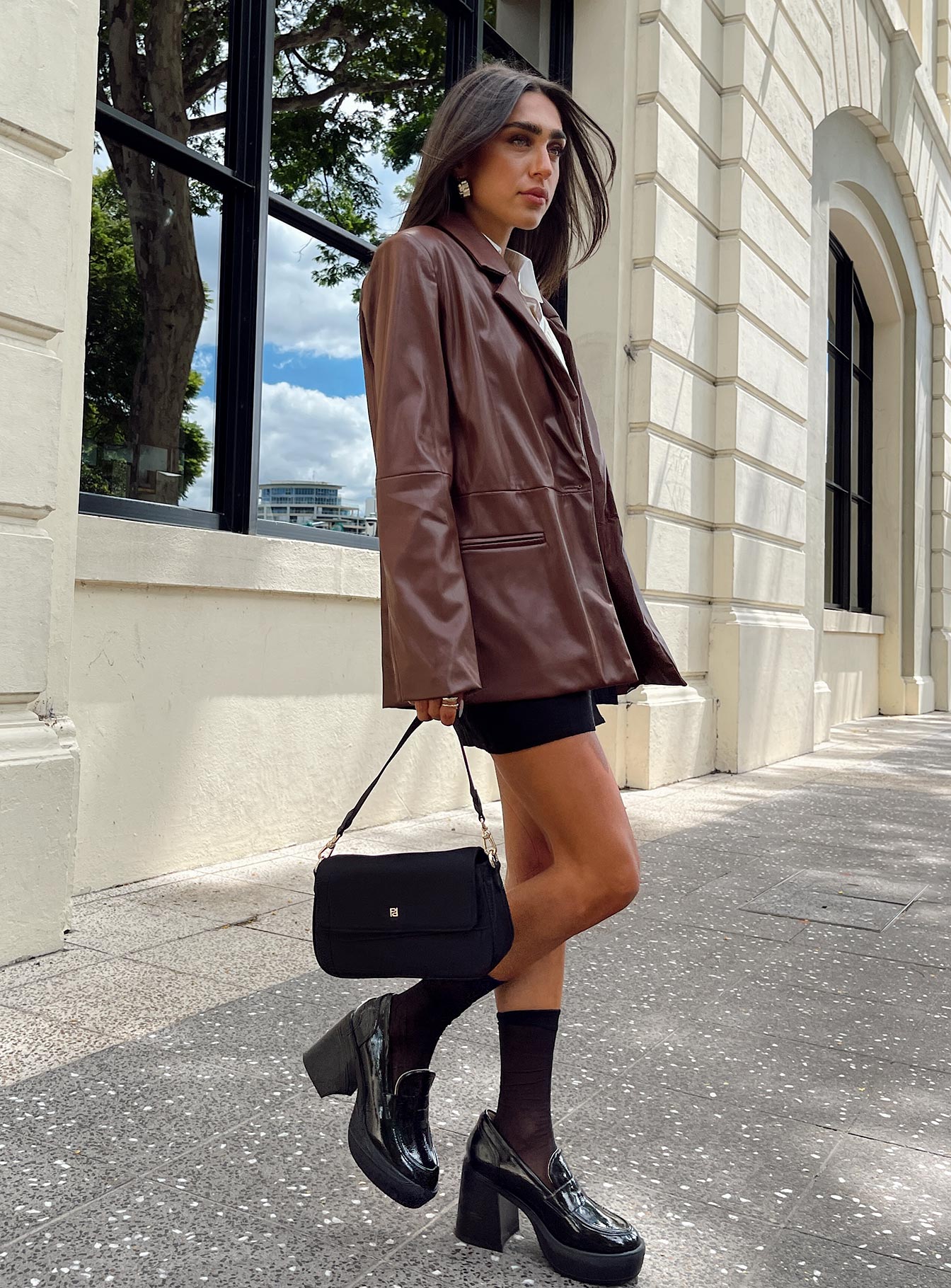 Morrison Faux Leather Blazer Brown | Princess Polly