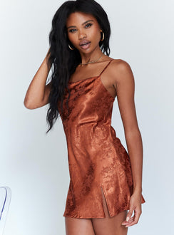 side view of model wearing Princess Polly Norman Mini Dress Rust 
