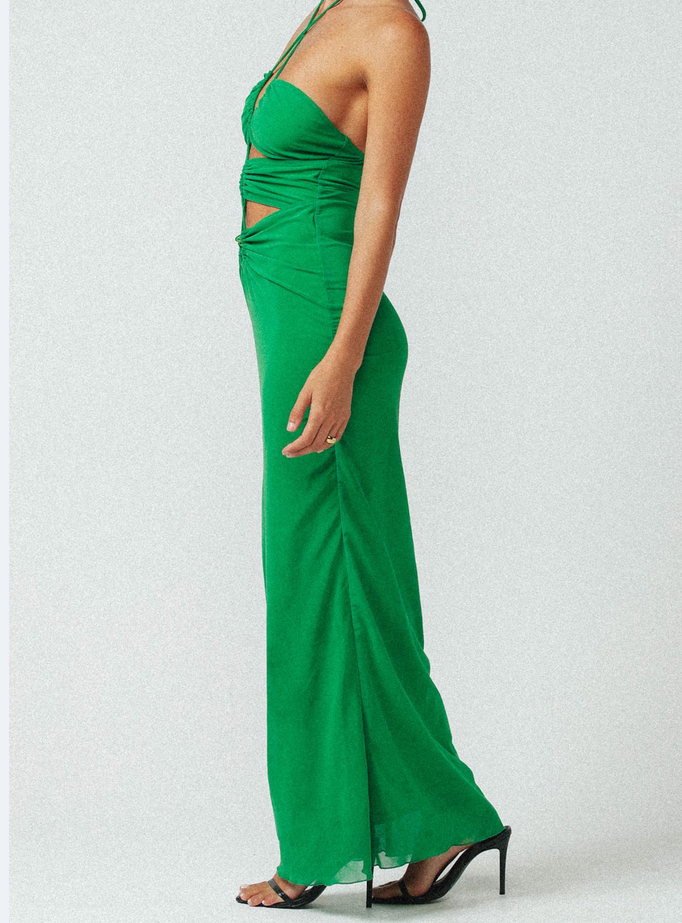 side view of model wearing Princess Polly Jagger & Stone Emily Maxi Dress Green 
