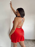 side view of model wearing Princess Polly Celena Mini Dress Red Curve Cowl Neck 