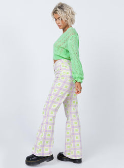 side view of model wearing Princess Polly The Ragged Priest Trail Denim Jeans Green Check Mid Rise 