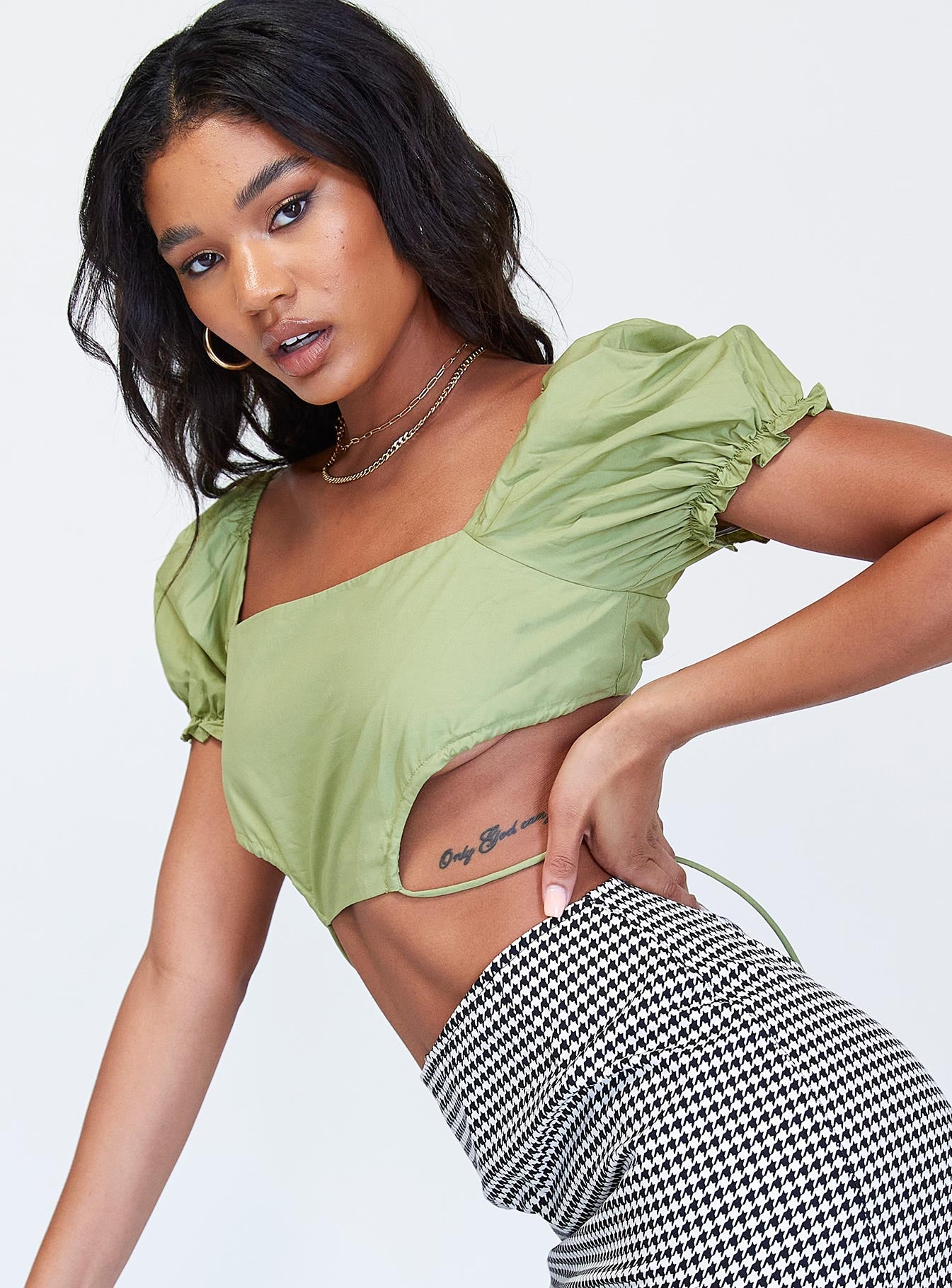 side view of model wearing Princess Polly Clarissa Top Green 