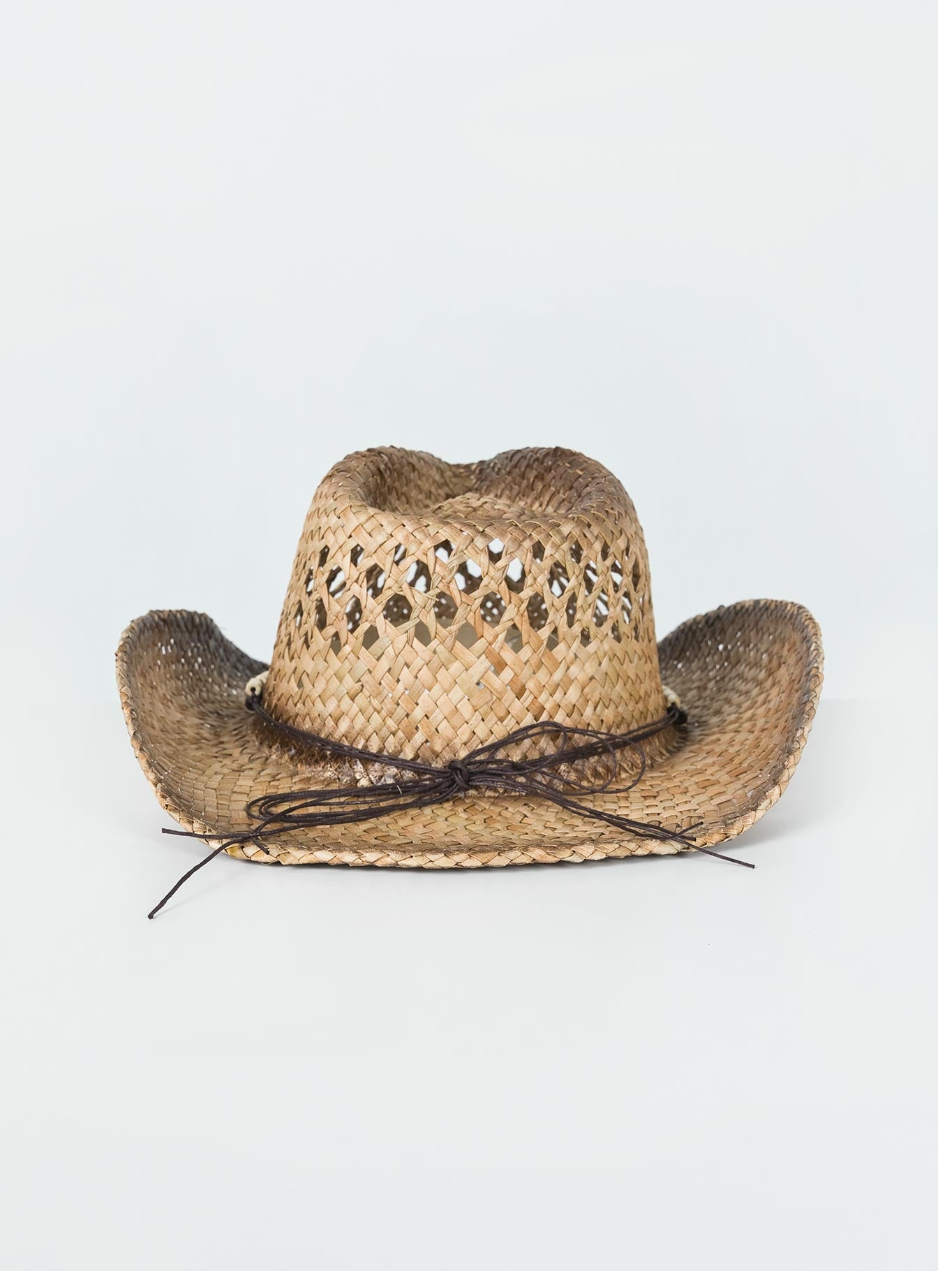 Cowboy hat Woven straw Curved wide brim  Internal adjustable drawstring Mouldable brim shape Bead detail