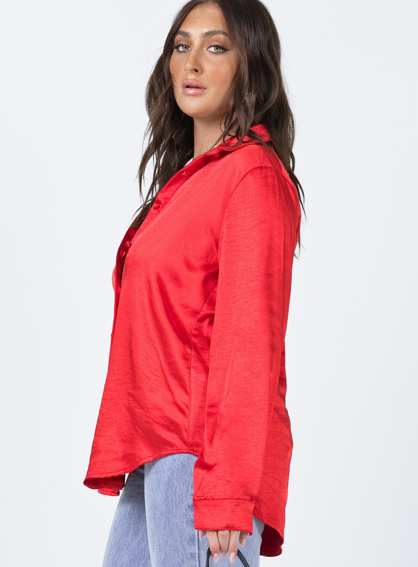 side view of model wearing Princess Polly Vintage Vibes Shirt Red 