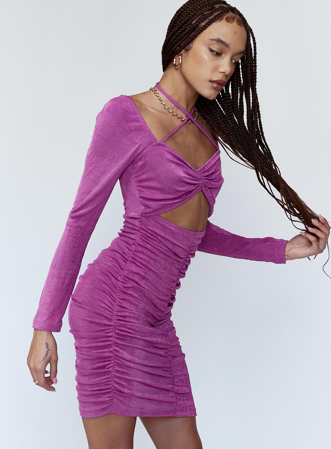 side view of model wearing Princess Polly Dillon Mini Dress Purple 