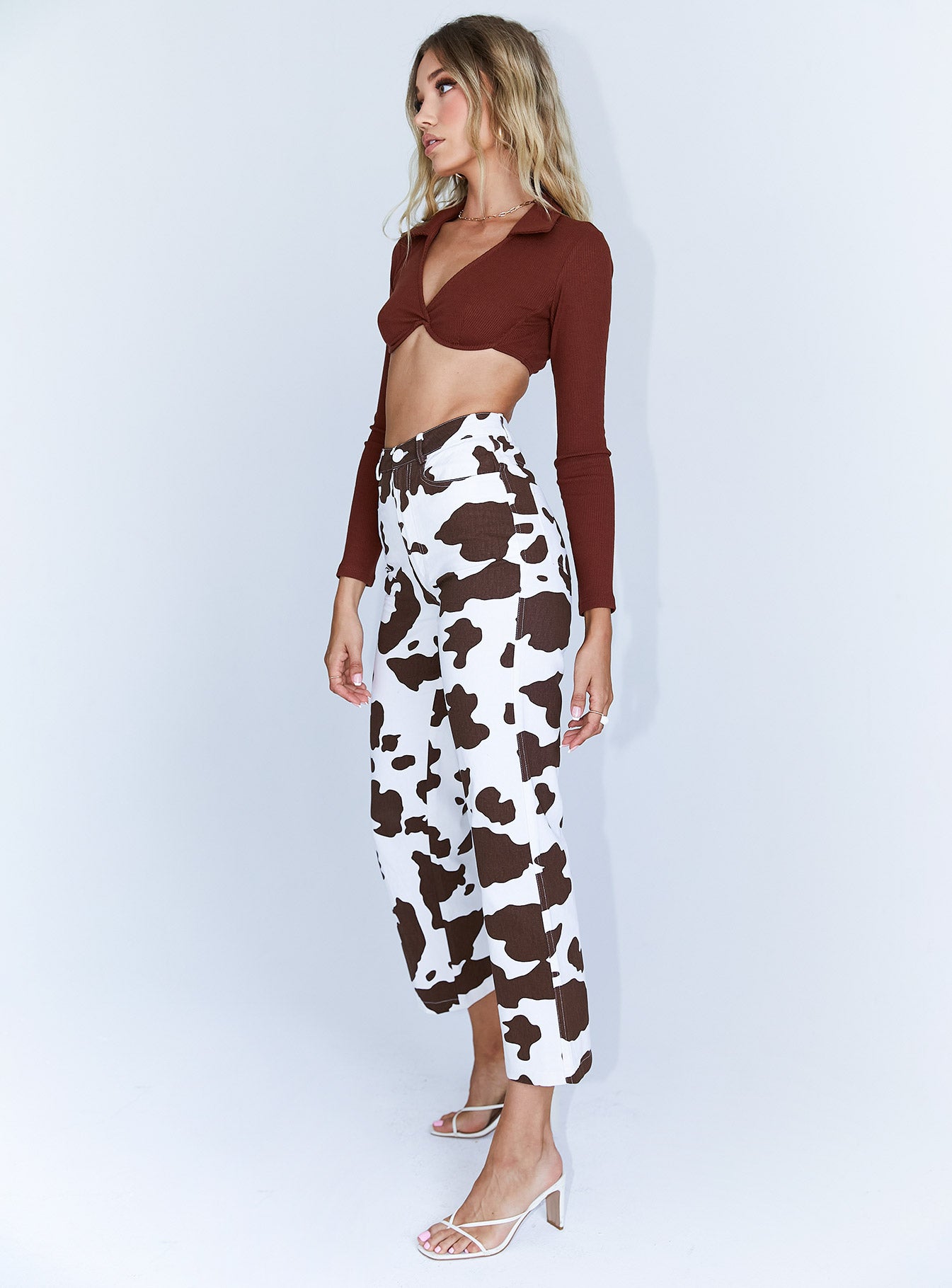 back view of model wearing Princess Polly Be Wild Pants White / Brown 