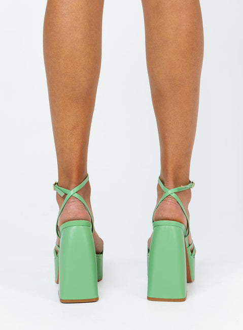 Heels  Princess Polly Exclusive Faux leather material  Strappy upper  Ankle wrap strap  Buckle fastening  Platform base  Block heel 