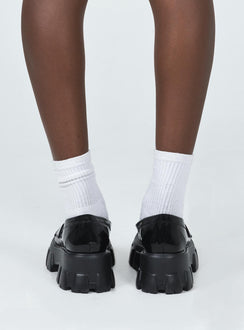 Loafers Faux patent leather Platform base Treaded sole Gold-toned snaffle detail Rounded toe