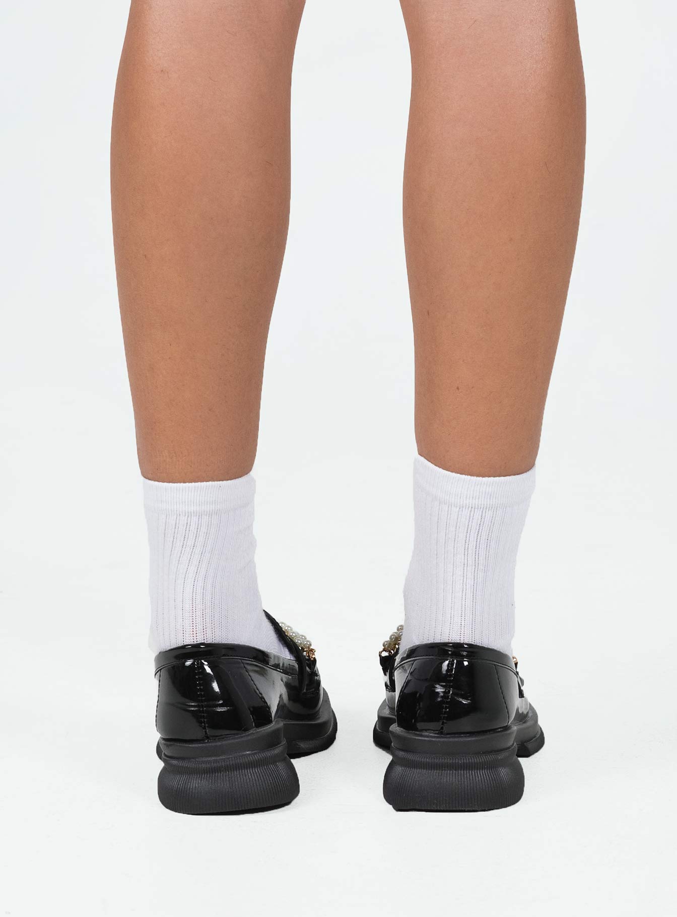 Loafers Faux patent leather Platform base Treaded sole Gold-toned & pearl snaffle detail Rounded toe