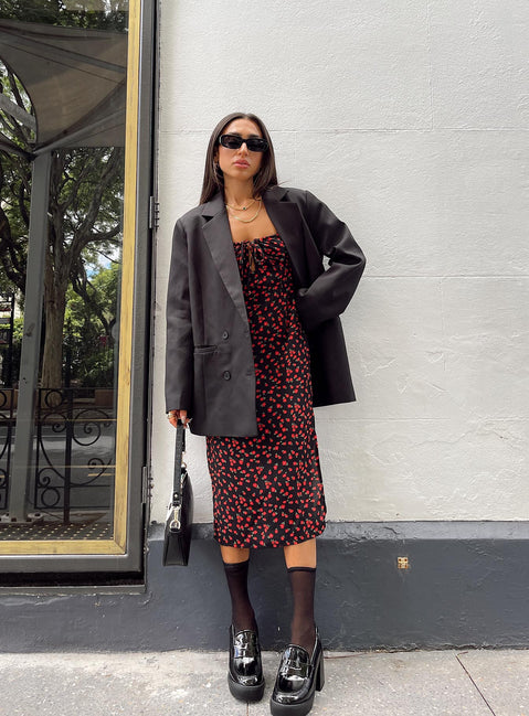 front view of model wearing Princess Polly Noda Midi Dress Black/Red 