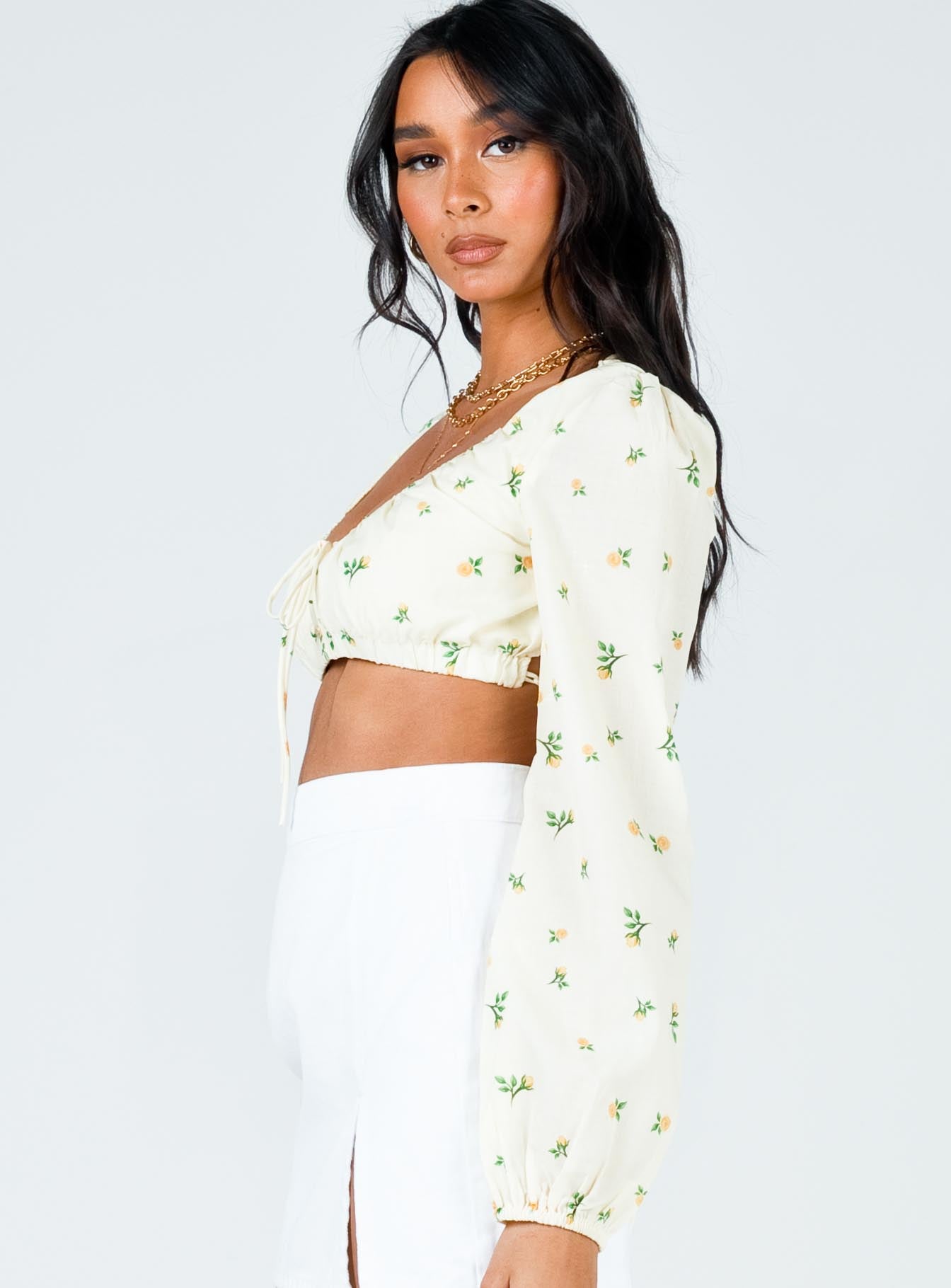 side view of model wearing Princess Polly Violetta Top Yellow 