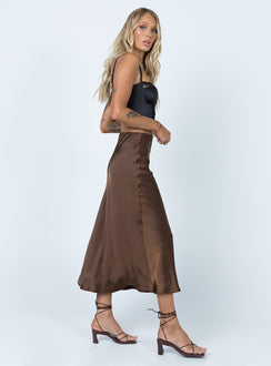 back view of model wearing Princess Polly Tyra Satin Midi Skirt Brown 