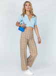 front view of model wearing Princess Polly Euros Pants Brown Check 