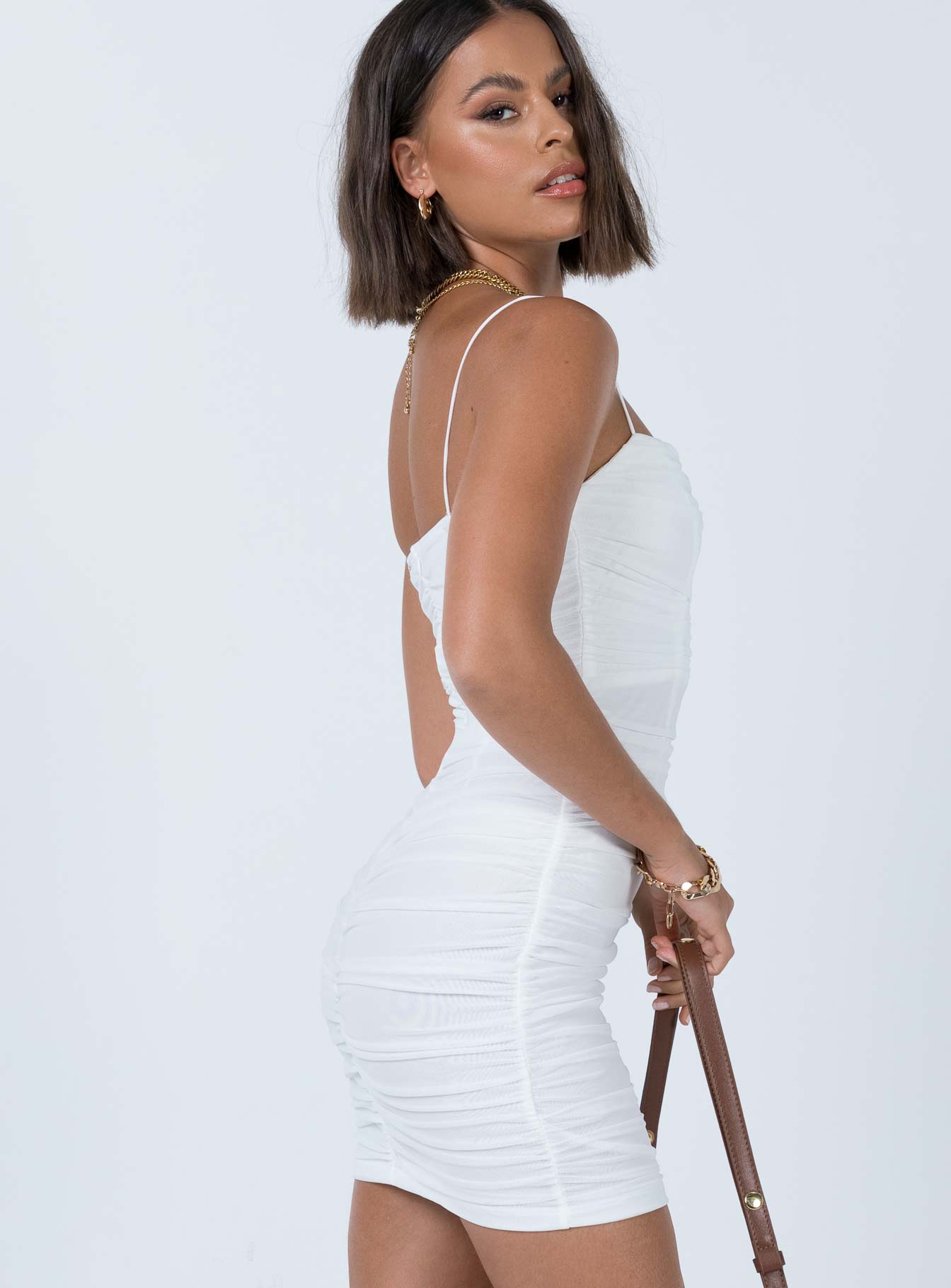 side view of model wearing Princess Polly Bloom Mini Dress White 