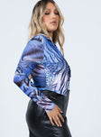 side view of model wearing Princess Polly Clyde Long Sleeve Top Blue / Black 