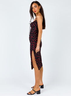 side view of model wearing Princess Polly Noda Midi Dress Black/Red 