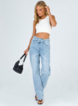 Princess Polly Mid Rise  Holly Asymmetric Straight Leg Jean Light Wash Denim Petite