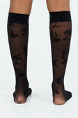 Black stockings Sheer material Floral print Thigh high design Good stretch Hand wash only 