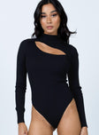 front view of model wearing Princess Polly Azalea Long Sleeve Bodysuit Black Full Sleeves High Neck 