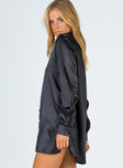 Front view of model wearing  front Princess Polly High Neck  90210 Satin Shirt Mini Dress Black